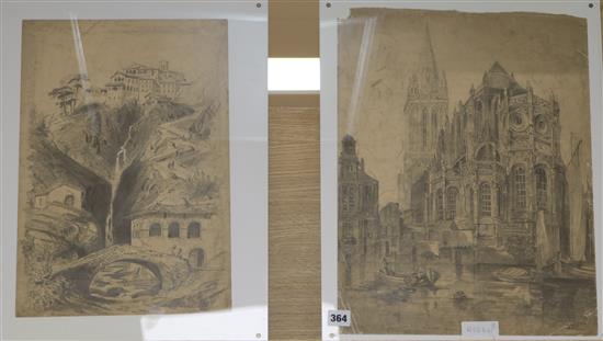 C.Ellis, two pencil drawings, 19th Century Continental scenes, signed 47 x 35cm.
